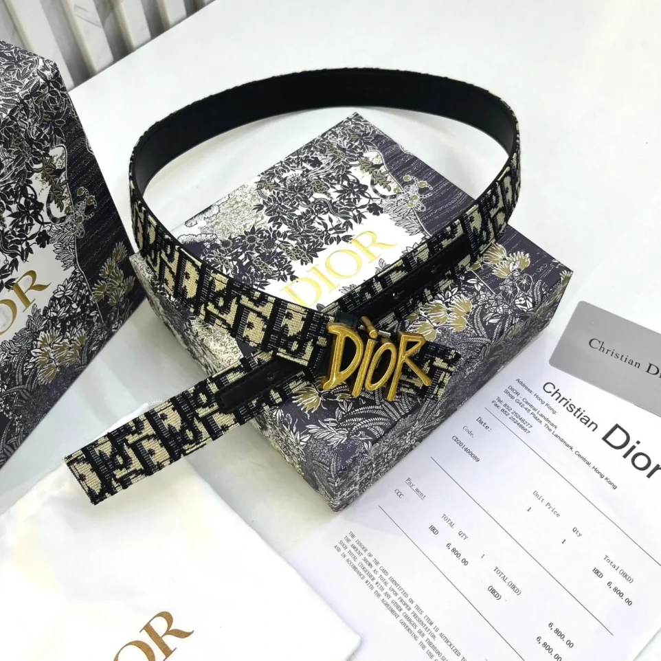 Christian Dior Oblique Canvas Gold Logo Buckle Belt (95)