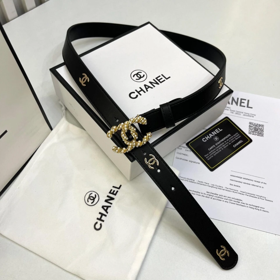 Chanel Black Pearl Embellished CC Logo Buckle Belt