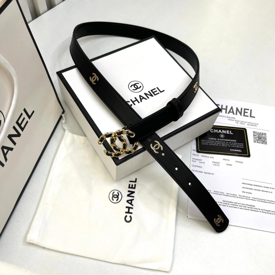 Chanel Leather Black with Chain-Link CC Logo Buckle Belt