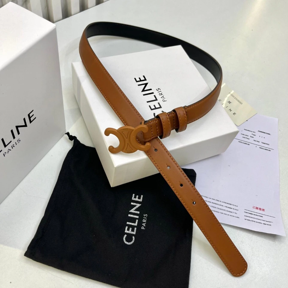 Celine Triomphe Brown Buckle Slim Belt (95)