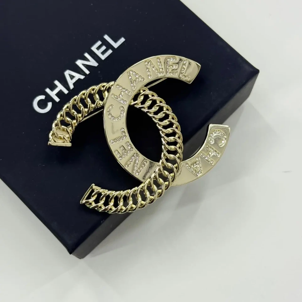 Chanel Gold Logo With Chain Detailing Brooch