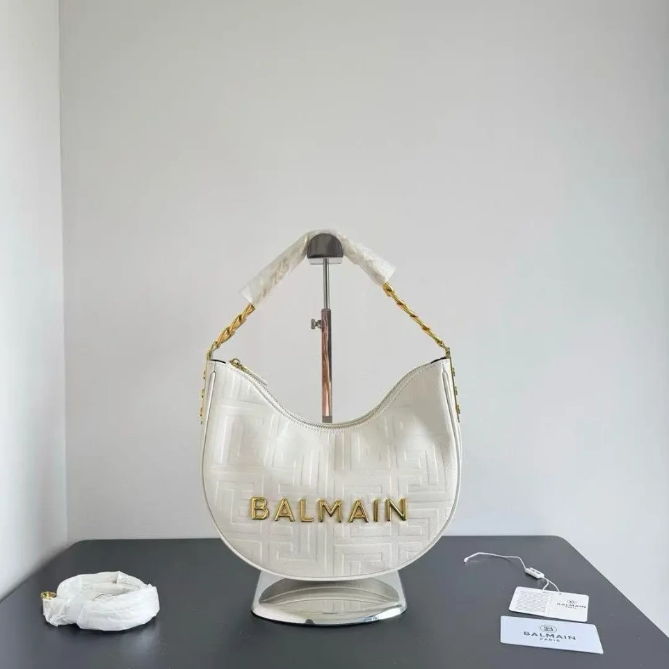 Balmain Embossed White Moon Hobo Chain Shoulder Bag (With Box)