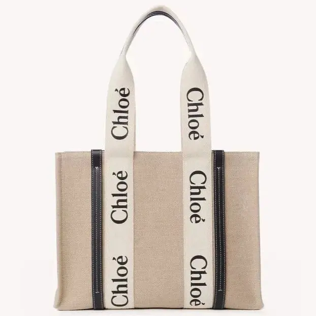 Chloe Woody Canvas Beige Black Large Tote
