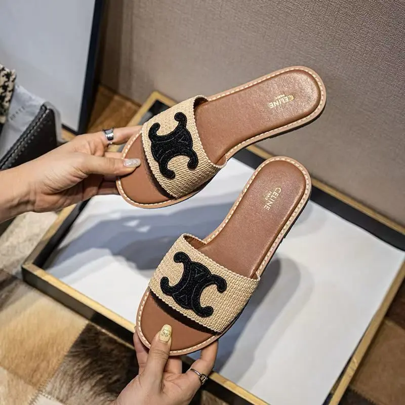 Celine Triomphe Black Brown Flat Slipper (40)