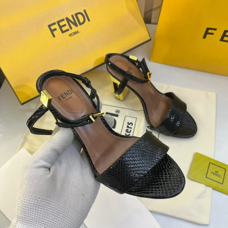 Fendi Zucca Croco Black Heeled Sandal (40)