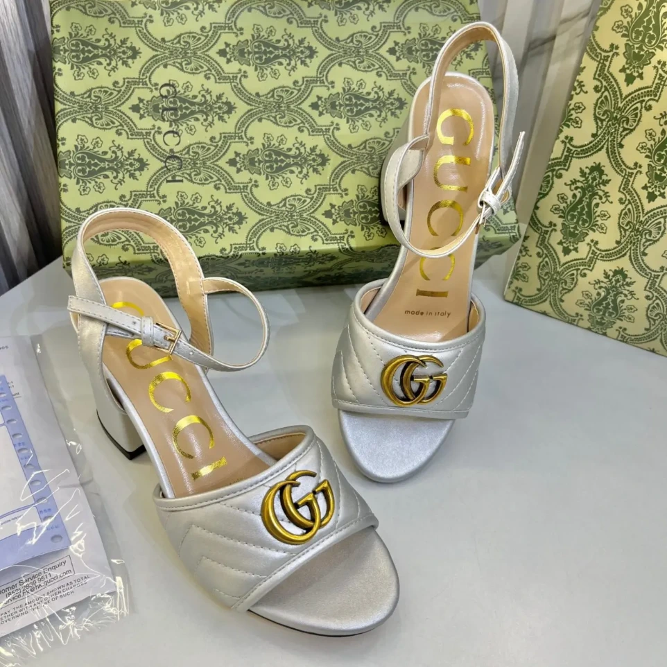 Gucci Marmont Silver Mid High Pump For Women (40)
